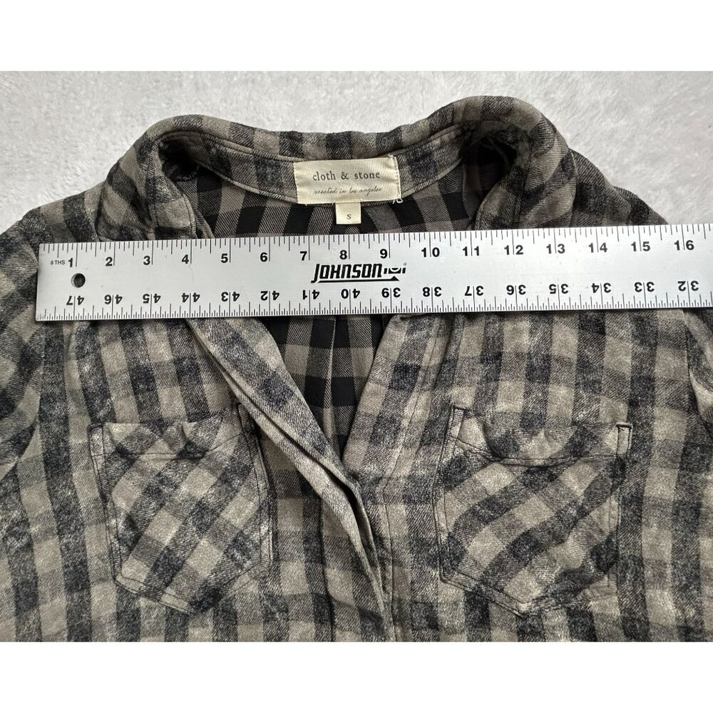 Cloth & Stone Womens Gray Black Checkered Fringe Trim Button Down Shirt Small - Picture 6 of 8